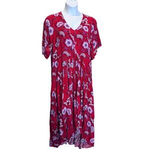 Avenue Red Floral Boho Maxi Dress Size 18 V-Neck Short Sleeve Viscose Plus Size